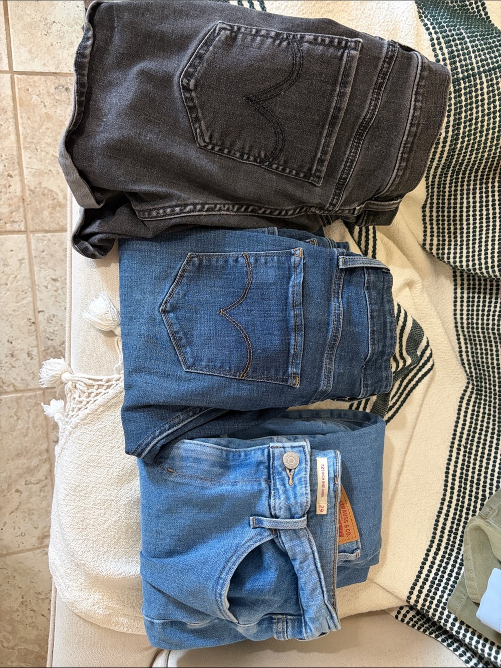 Three-Pair Denim Bundle - Black, Medium Blue, Light Blue- 1 short and 2 jeans